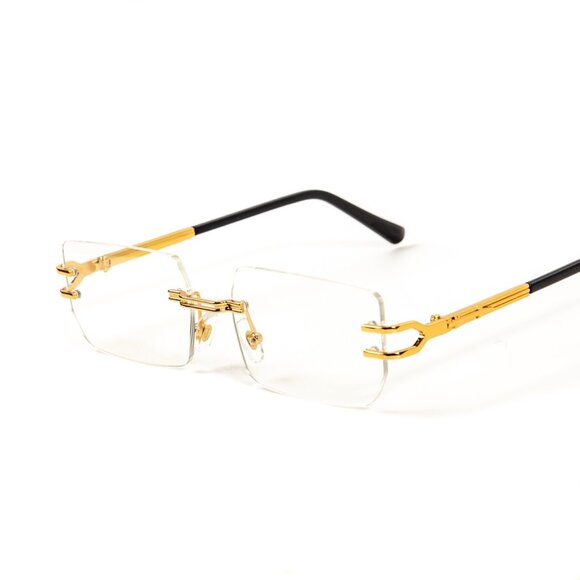 Mens Retro Style Rimless Clear Tint Lens Rectangular Gold Frame Square Glasses - Picture 4 of 8